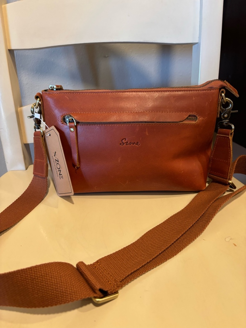 S-ZONE Genuine Leather Crossbody Bag Cognac Brown Adjustable Strap